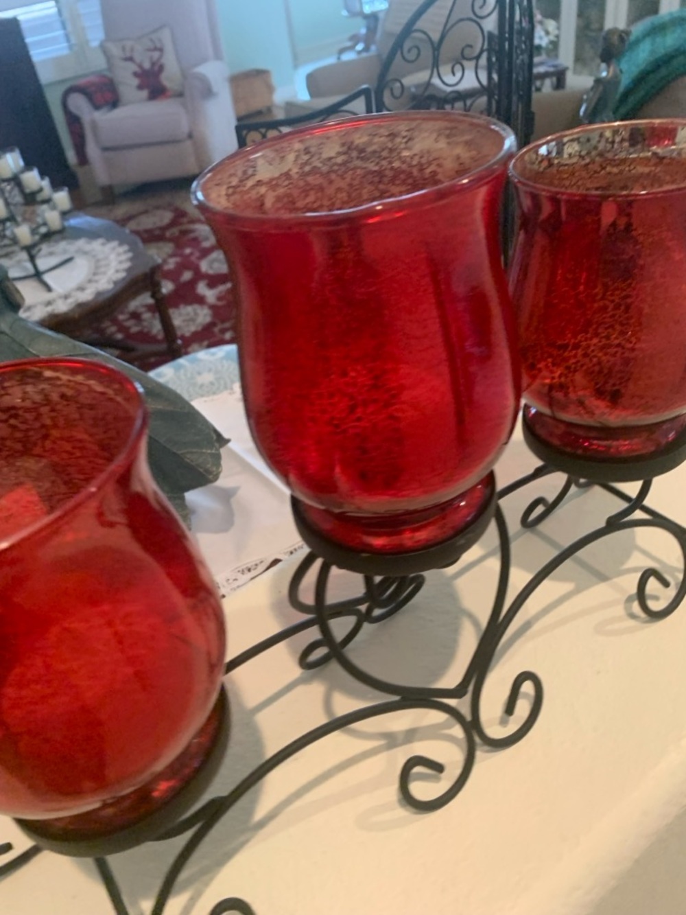 Red Glass Hurricane Candle Holders on Iron Stands 
Light Up Tea Lights in Each!